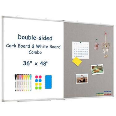 Imagem de Quadro branco grande apagável a seco quadro de avisos dobrável, quadro de avisos dobrável de 122 x 91 cm para parede, quadro branco magnético com linho para escritório, casa, escola, cozinha - cinza