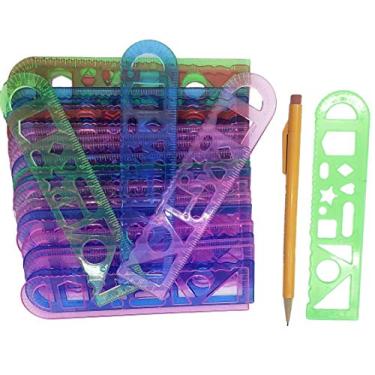 Imagem de Réguas coloridas Trasparent de 15 cm + estêncil (pacote com 36) de plástico. Vários estêncil geométrico, padrões de desenho e régua de 12,7 cm. Perfeito para suprimentos de lembrancinha de aula ou festa