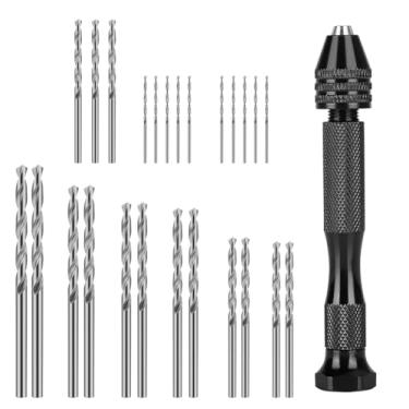Imagem de SeonFook O conjunto de brocas manuais de 26 peças inclui broca manual de torno de pino e 25 peças de mini broca HSS, ferramenta rotativa de broca manual para madeira, joias, plástico, projetos de