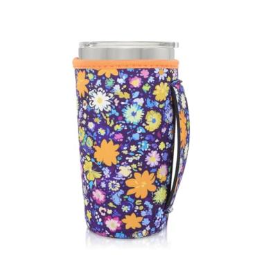 Imagem de AJLTPA Suporte de copo com isolamento de neoprene com alça para copos de 590 ml, manga reutilizável para café gelado compatível com Starbucks Trenta, Dunkin grande, mais (flores abstratas)