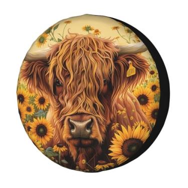 Imagem de Foruidea Capa de pneu sobressalente Highland Cow Girassóis Capa de pneu à prova de poeira para trailer, trailer, SUV e muitos veículos 43.2 cm