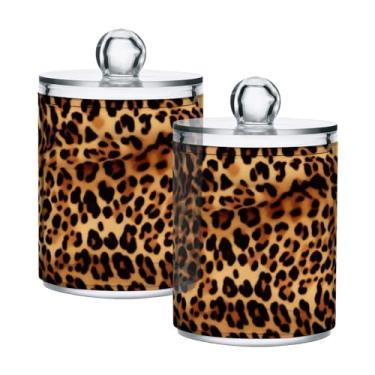 Imagem de Kigai Porta-Cotonetes Com Estampa De Leopardo - Potes Plástico Transparente 14 Oz Para Boticário, Organizador E Dispensador Recipientes Banheiro, Pote Armazenamento Tampa Algodão, Cotonete Fio Denta
