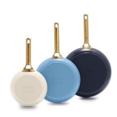 Imagem de GreenPan Conjunto de frigideiras de 20,3 cm, 25,4 cm e 30,5 cm, 30,5 cm, de cerâmica anodizada, antiaderente, sem PFAS, cabo dourado, lavável na lava-louças, seguro para forno, mistura azul e creme