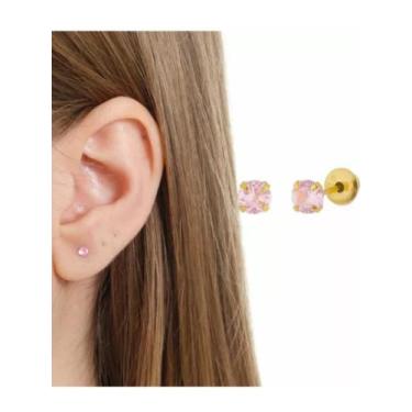 Imagem de Brinco De Ouro 18k Com Pedra Zircônia Rosa 3mm Infantil Bebê - ZELLO J