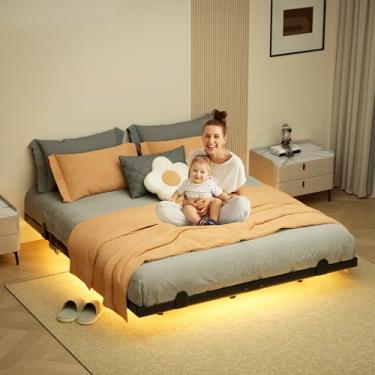 Imagem de LUKIROYAL Estrutura de cama flutuante com luzes LED inteligentes e estação de carregamento, moldura de cama flutuante de 17 cm com luzes, sem necessidade de mola box, fácil de montar.