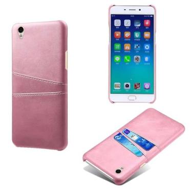 Imagem de Capas Compatível com OPPO R9,Caso de couro PU-Tampa de telefone a prova de choque com 2 slots de cartão,Proteção anti-impressão digital e anti-gota-Pink
