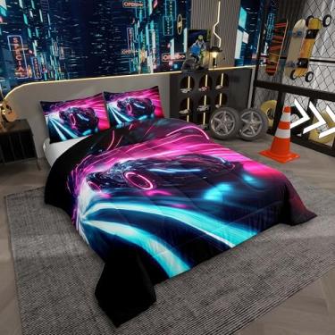 Imagem de Conjunto de cama solteiro com carros esportivos, luz neon, carros de corrida, decoração de quarto de carro de corrida, rosa, azul, linha geométrica, listras, edredom infantil, ficção científica