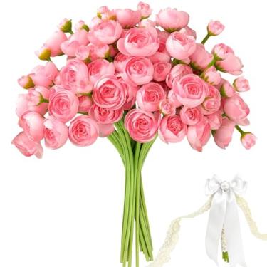 Imagem de 24 peças de flores artificiais de ranúnculo com laços, fitas e alfinetes de pérola, mini peônias de seda sintética para buquês de casamento, decorações de chá de panela e decorações de mesa de casa