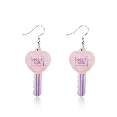 Imagem de MAOFAED Brinco com pingente de chave de glitter para corretor de imóveis, joias de corretor de imóveis, presente de casa nova, presente imobiliário (chave rosa)