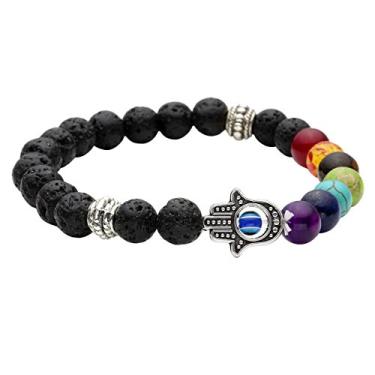 Imagem de Jovivi Pulseira de cristal com contas de pedra preciosa de 7 chakras Hamsa mão olho turco pedra vulcânica natural difusor de óleos essenciais Reiki cura balanceamento de contas redondas