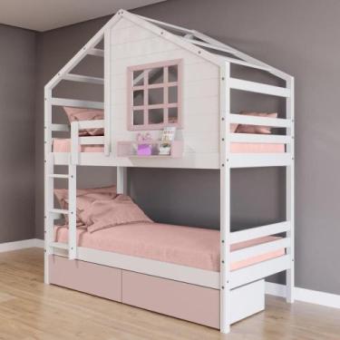 Imagem de Beliche Casinha com Janela e Gavetas Rosa Madeira Maciça Branco/ Rosa 