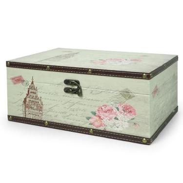 Imagem de DreamsEden Grande caixa de armazenamento decorativa de madeira, mapa-múndi vintage, baú do tesouro, carta, presente de decoração de casa, 35 x 22 x 15 cm (torre retrô)