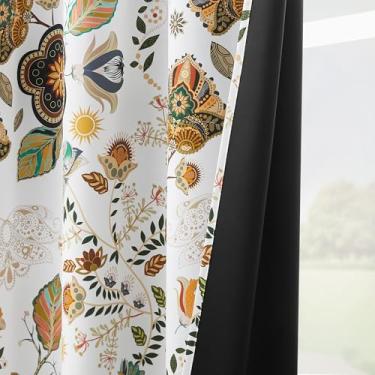 Imagem de Cortinas blecaute brancas vintage extravagantes com estampa floral 153 cm de comprimento, cortinas chiques gastas para quarto, sala de estar, escurecimento de meados do século, ilhós coloridos