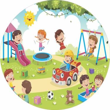 Imagem de Painel de Tecido Sublimado Redondo Crianças Brincando no Parquinho Sol