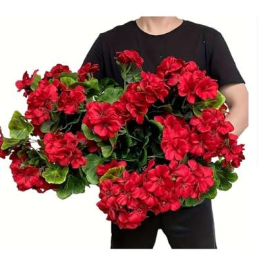 Imagem de Faizpors Buquê de flores de begônia vermelha artificial com folhas verdes, arranjo floral de seda realista (4)