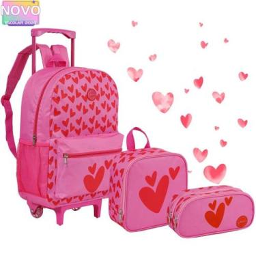 Imagem de Kit Mochila Rodinha Escolar Corações Nylon Com Lancheira e Estojo - Ye