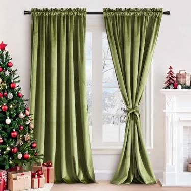 Imagem de JIUZHEN Cortinas De Veludo Verde Musgo 84" Para Sala Estar - Blackout Retrô Suaves Com Bolso Varão, Escurecimento, Isolamento Térmico Quarto/Galeria, 42L X 84C, 2 Painéis Amarrações