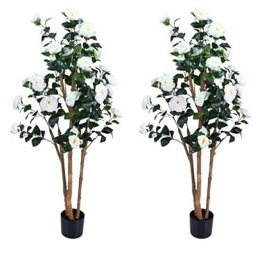 Imagem de Camélia de árvores artificiais realistas com troncos de madeira natural, rosa sintética de seda perene com flores de seda, decoração interna para sala de estar, varanda, escritório (2, branco, 1,5 m)
