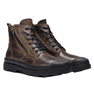 Imagem de Bigfanshu Botas de inverno masculinas de couro natural feitas à mão retrô masculinas de couro genuíno sapatos de inverno masculinos com laço com cadarço sem cadarço sapatos ao ar livre botas Chelsea até o meio da panturrilha, Marrom, 14 Wide