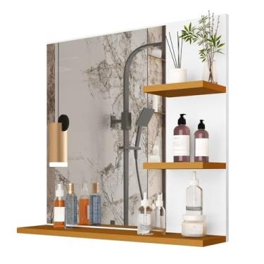 Imagem de Espelheira Com Prateleira Organizadora Espelho Decorativo Armarinho Banheiro Suspenso(BRANCO/FREIJÓ)