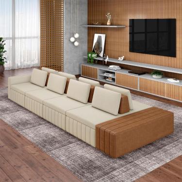 Imagem de Sofá Ilha com Encosto e Almofadas Móveis Olimpo 425cm Modulado Linho/PU Bege/Caramelo G45 - Gran Belo
