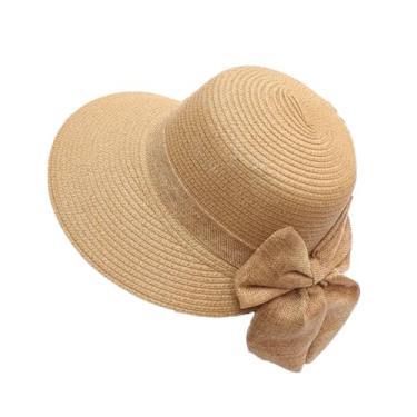 Imagem de Chapéu de sol feminino feminino de aba larga grande chapéu de sol com laço panamá para férias casual chapéu de palha estilo 001 cáqui tamanho adulto