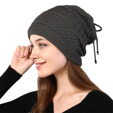 Imagem de Gorro feminino de malha elástica sólido cachecol quente inverno feminino gorro cinza escuro ajustável