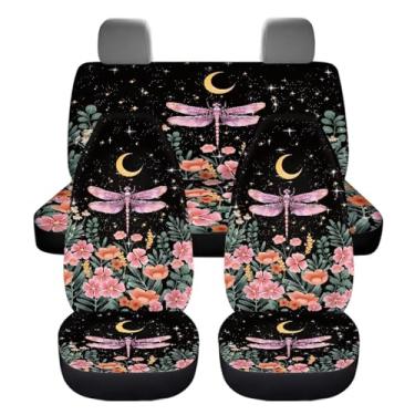 Imagem de Drydeepin Conjunto completo de capas de assento de carro com estampa de libélula e flor de noite estrelada floresta selvagem, 4 peças, estampa retrô, samambaia, lua, estrelas, capas de assento