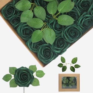 Imagem de YEHLIABO Flores artificiais de espuma de aparência real, conjunto de flores artificiais de rosa para casamento para buquês de casamento, decorações de arranjos de flores (verde pavão, 200)