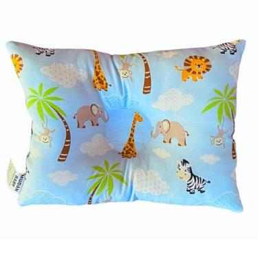 Imagem de Travesseiro Anatômico para Bebê, Fibra Siliconada Hipoalergênica, 27x37cm, Estampa Safari Azul 100% Algodão, Macio e Confortável para Berço e Carrinho