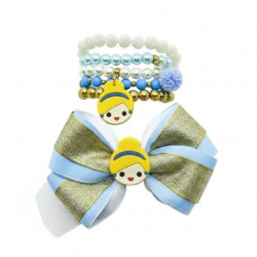 Imagem de Kit Pulseira Laço Infantil Luxo Princesas Presente Crianças (Azul Celeste)