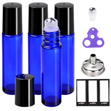 Imagem de PrettyCare Frascos de rolo para óleos de 10 ml (vidro azul, pacote com 6, 1 esfera extra de aço inoxidável, 12 etiquetas, 1 abridor, 1 funil, frascos de rolo de óleo essencial, frascos de rolo