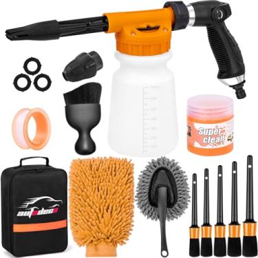 Imagem de AUTODECO Kit de limpeza de lavagem de carro com pulverizador de pistola de espuma, escova de lavagem de carro e espanador de luva de lavagem grande para limpeza interna e externa de carro (laranja)
