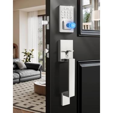 Imagem de Tinewa Fechaduras inteligentes para porta da frente – Fechadura de porta de entrada sem chave de níquel acetinado com alavanca, fechadura de teclado digital eletrônico com impressão digital, controle
