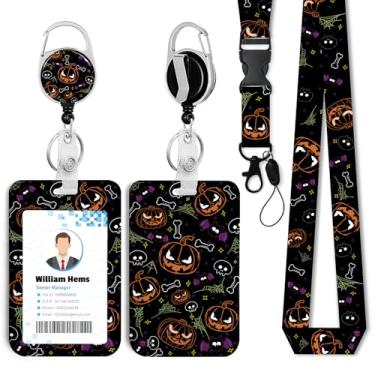 Imagem de Porta-crachá de identificação de abóbora de Halloween com cordão de separação e carretel retrátil resistente - chaveiro mosquetão giratório de 360° para mulheres, estudantes, professores, enfermeiros
