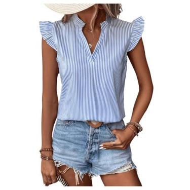 Imagem de Blusa feminina WDIRARA, listrada, com babados, azul e branca