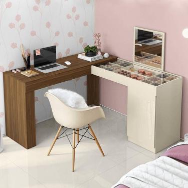 Imagem de Escrivaninha Penteadeira Canto Star Com Painel Fixo Espelho E Colmeia Separatória Design Moderno - Freijo Off White