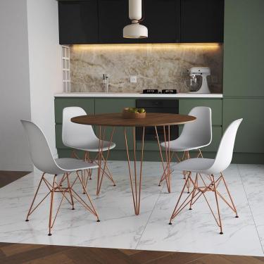 Imagem de Mesa Jantar Redonda 110Cm Amêndoa Clips 3 Pés Com 4 Cadeiras Eames Eiffel Brancas Base Cobre