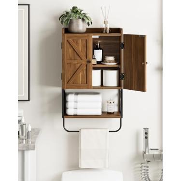 Imagem de Armário de parede de banheiro, armários de remédios pequenos com prateleira ajustável e portas de trava magnética, armário suspenso de parede de madeira para banheiro/lavanderia, nogueira
