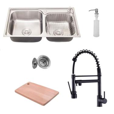 Imagem de Kit Cuba Pia Dupla Gourmet Luxo Prizi Aço Inox 304 43x78cm Kit Completo - MD7843B + Torneira Gourmet Prizi com Spray, Monocomando Preta - KE6024