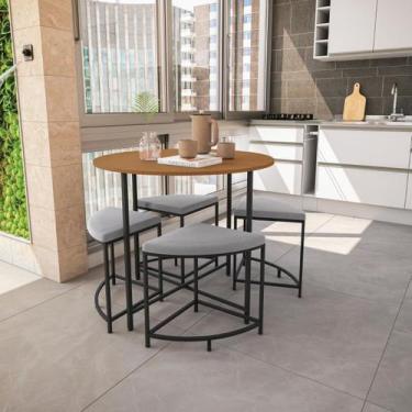 Imagem de Mesa de Jantar Industrial com 4 Bancos Estofados Li038 Cinza Preto 90c