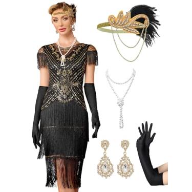 Imagem de RRYIO Vestidos melindrosa anos 20 para mulheres, vestidos Gatsby de gola redonda com manga loucos vestidos anos 20 para noites do Harlem (ouro preto, 2GG)