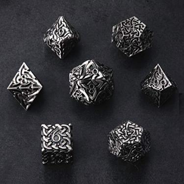 Imagem de Conjunto de dados de metal poliédrico de 7 peças de prata antiga com nós celtas extra pesados e grandes para DND Dungeons and Dragons Call of Cthulhu Pathfinder, de mesa, RPG, dados de lutador