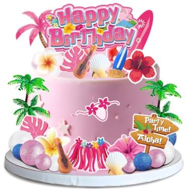 Imagem de 31 peças de topo de bolo de desenho animado rosa - Toppers de bolo de aniversário Stich para meninas com árvore, guitarra, concha, decoração de bolo de aniversário tema oceano para meninas 1º 2º 3º