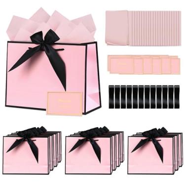 Imagem de Dimore 12 sacos de presente rosa com papel de seda, cartões comemorativos, fita, saco de presente de 28 x 20 x 10 cm com alças para festa de aniversário, casamento, férias, agradecimentos (rosa)