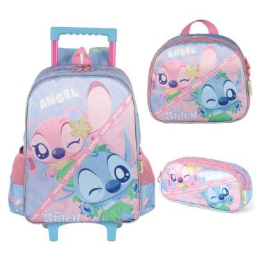 Imagem de Mochila de carrinho com rodinhas + Estojo+ Lancheira Infantil Escolar Stitch Luxcel-Feminino