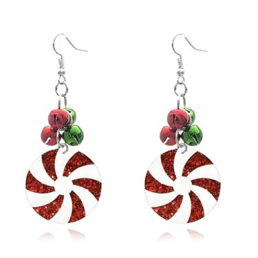 Imagem de QLUYCKW Brincos femininos de Natal com pingente de sino de Natal, fofo, acrílico, feito à mão, vermelho, verde, comida, leve, com glitter, joias natalinas, Feliz Natal, Large, Acrílico, Sem pedra