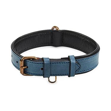 Imagem de Coleira de cachorro de couro real acolchoada interior macio com visual vintage premium feito à mão com anel de etiqueta para animais de estimação pequenos médios e grandes (médio (3,18 cm de largura para 34,32 cm - 44,5 cm de pescoço), azul oceano)