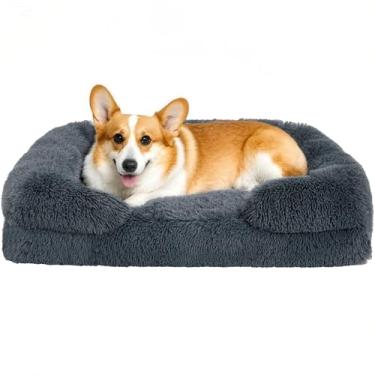 Imagem de Cama ortopédica para cães grandes de espuma viscoelástica confortável para animais de estimação com laterais, sofá-cama fofa com fundo antiderrapante cinza escuro G