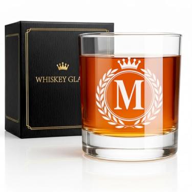 Imagem de Giftissimo Copos de uísque - Pedras presentes de vidro à moda antiga para homens, monograma A-Z 290 ml copos de uísque personalizados, presentes de aniversário de Natal para homens ele pai pai marido